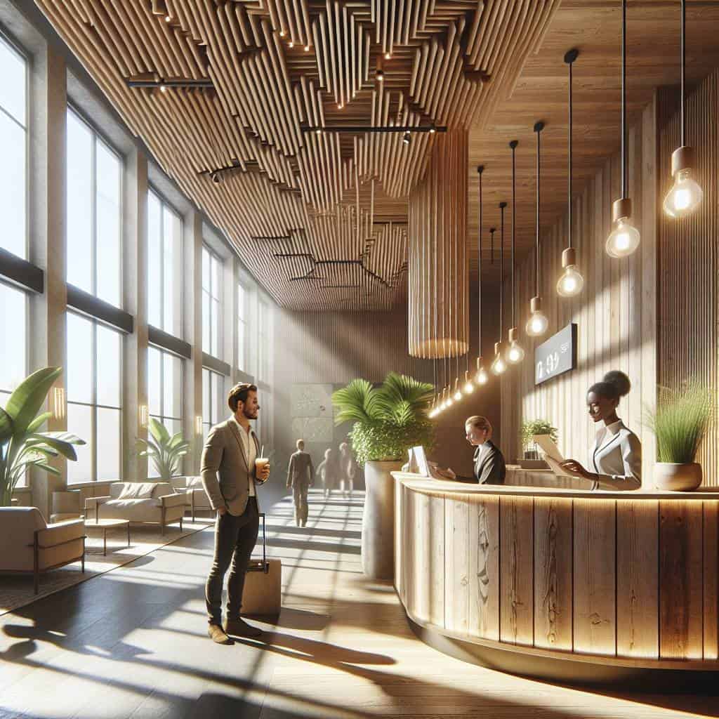 Eco-conscious accommodation with modern sustainable lobby.